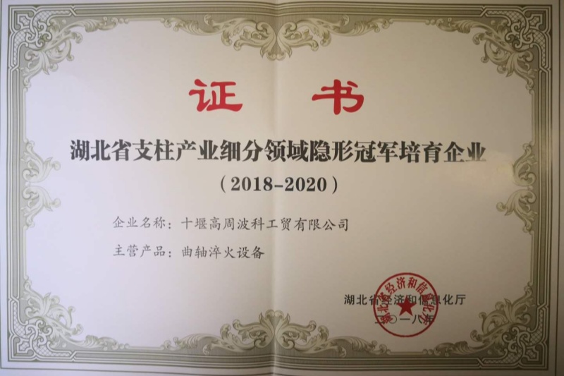 2018年曲軸淬火設備獲得湖北省支柱產業細分領域隱形冠軍培育企業